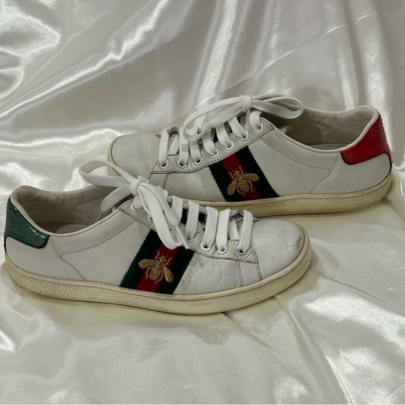 Gucci Ace Embroidered Sneakers White Leather Web Stripe Bee Green Red Size 5.5 - Picture 7 of 14